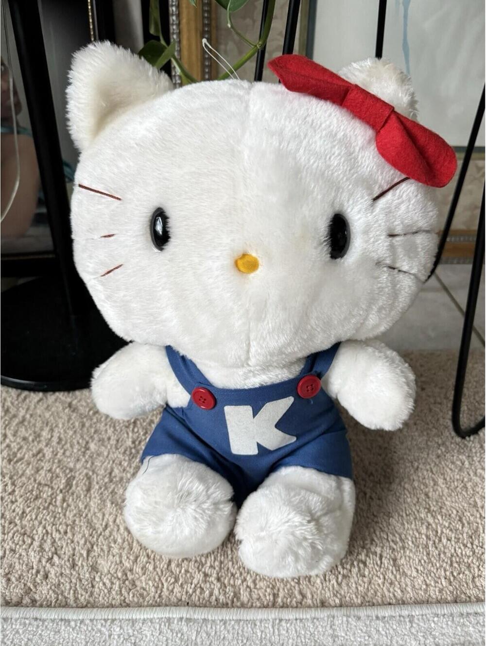 Hello Kitty Plush Doll Blue Overalls Red Bow White Stuffed Animal 14” Sanrio